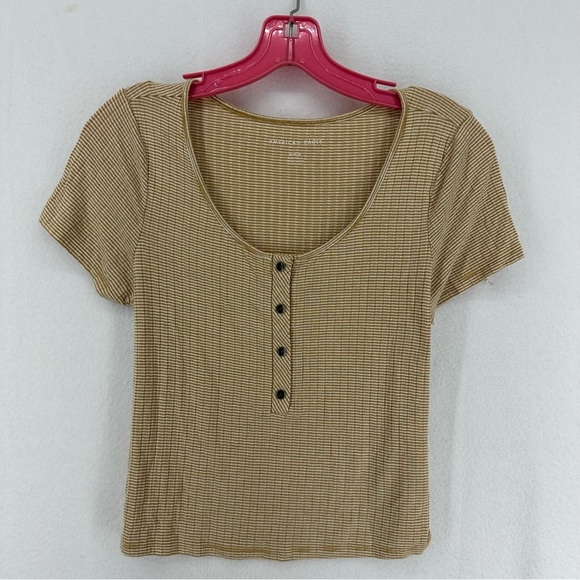 American Eagle Outfitters Stripped Button T Shirt Blouse Medium Yellow - Picture 1 of 10